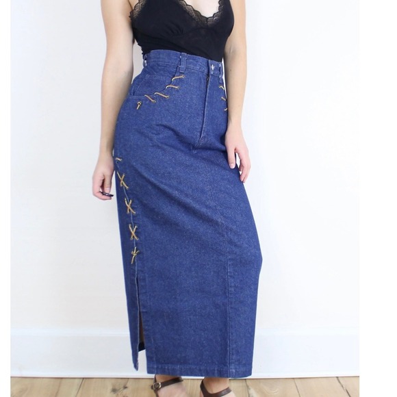 Vintage Roughrider Blue Denim Long Maxi Skirt Lace Up Western‎ Cowgirl Rodeo 29W - Picture 2 of 8